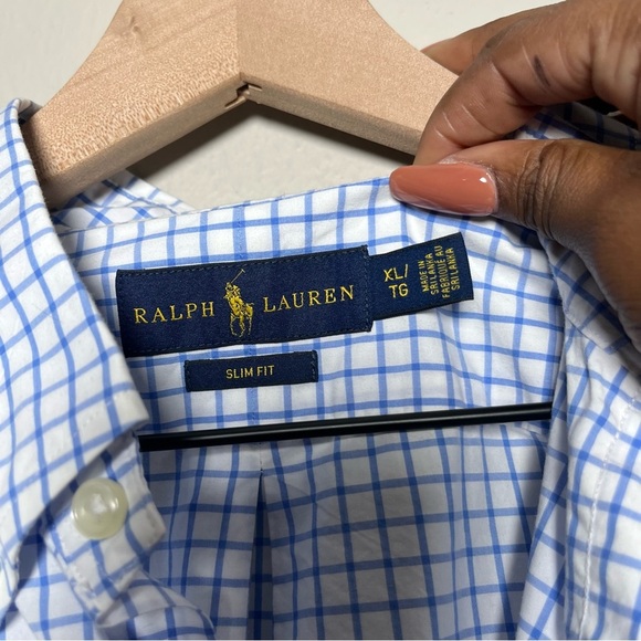 Ralph Lauren Men Button‎ Down Shirt XL White Blue Windowpane Plaid Long Sleeve - Picture 2 of 8